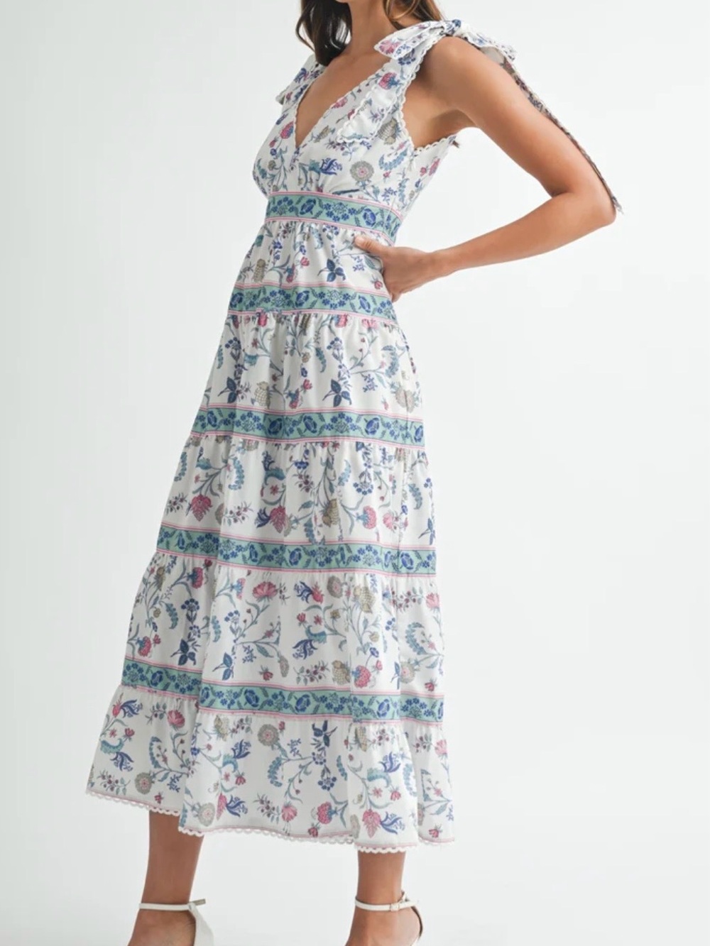 Maple Cream Floral Tiered Maxi Dress with Blue and Pink Accents